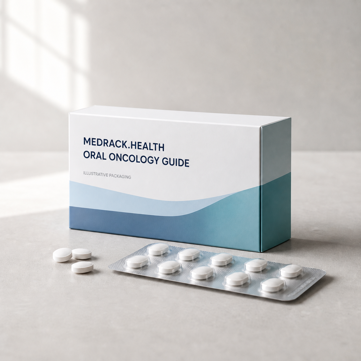 Illustrative Medrack.Health oral cancer medicine guide pack and tablet blister